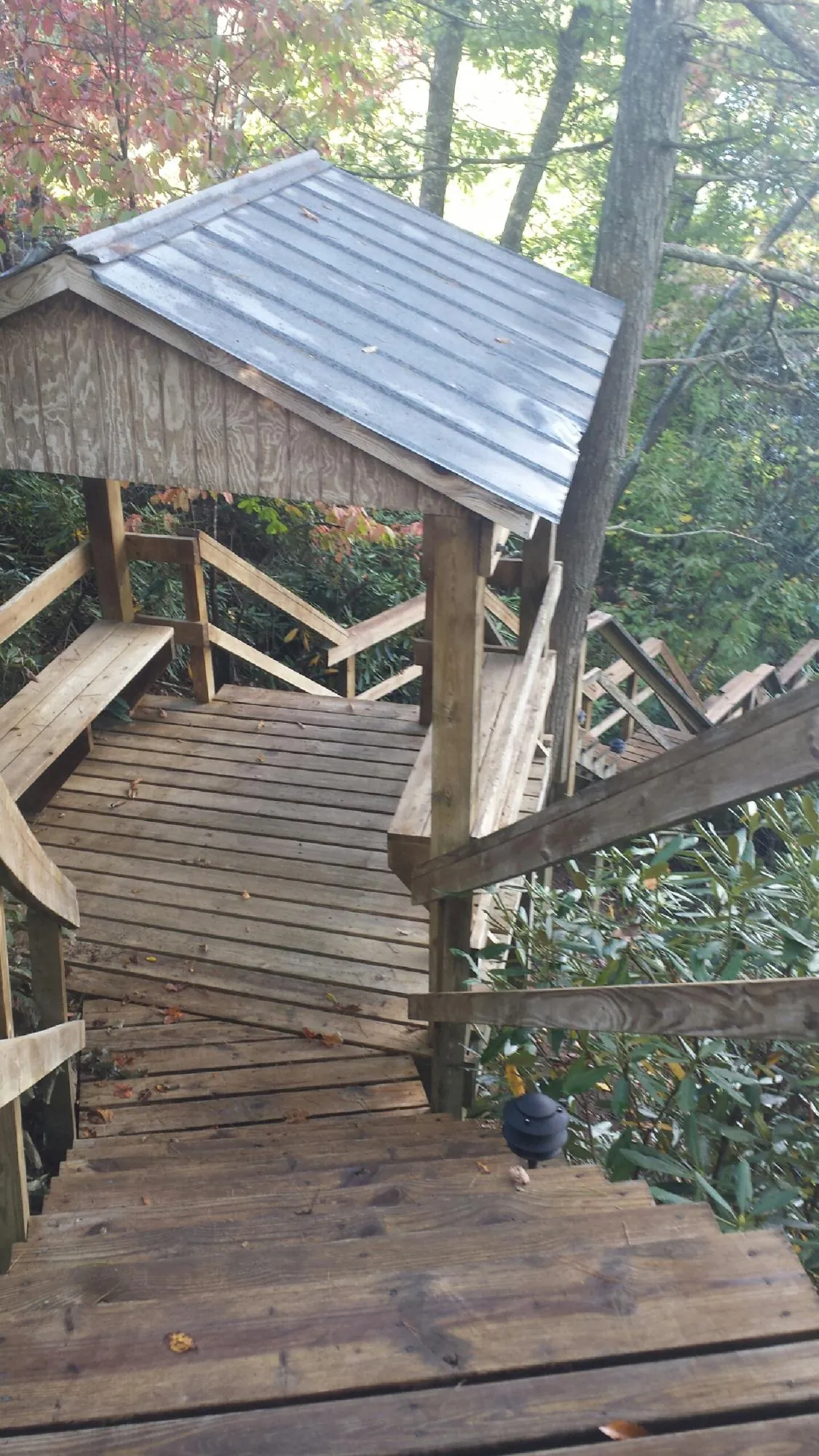 Metal roofed shelter over wooden steps on a wooded walkway — Skylight Repair & Installation work by our crew in Andrew